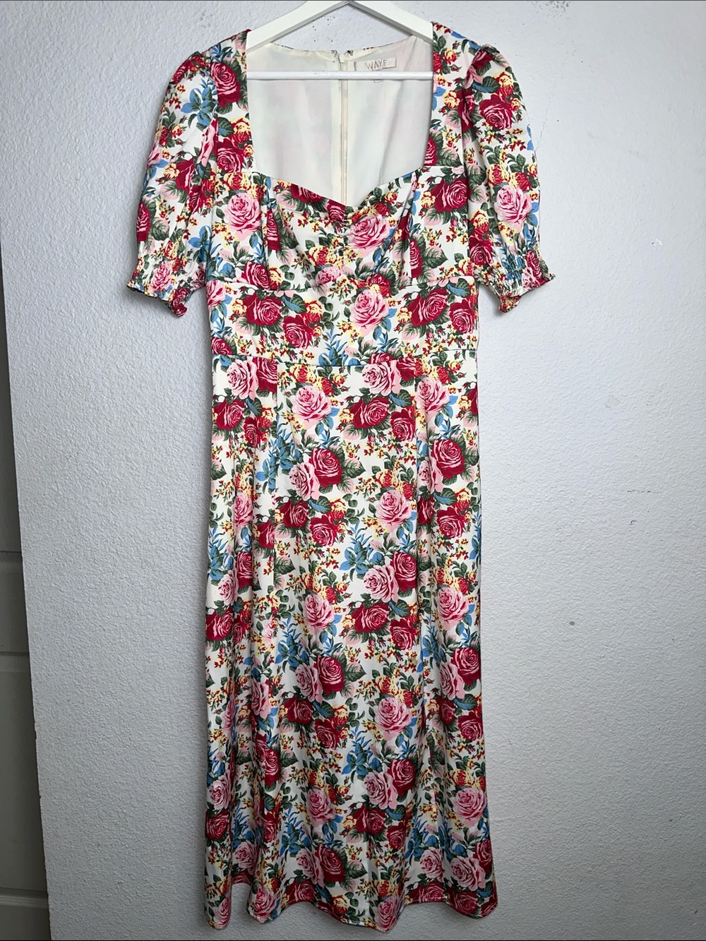 WAYF Floral Midi Dress Slit Leg Puff Sleeve Cottagecore Prairie Womens Large